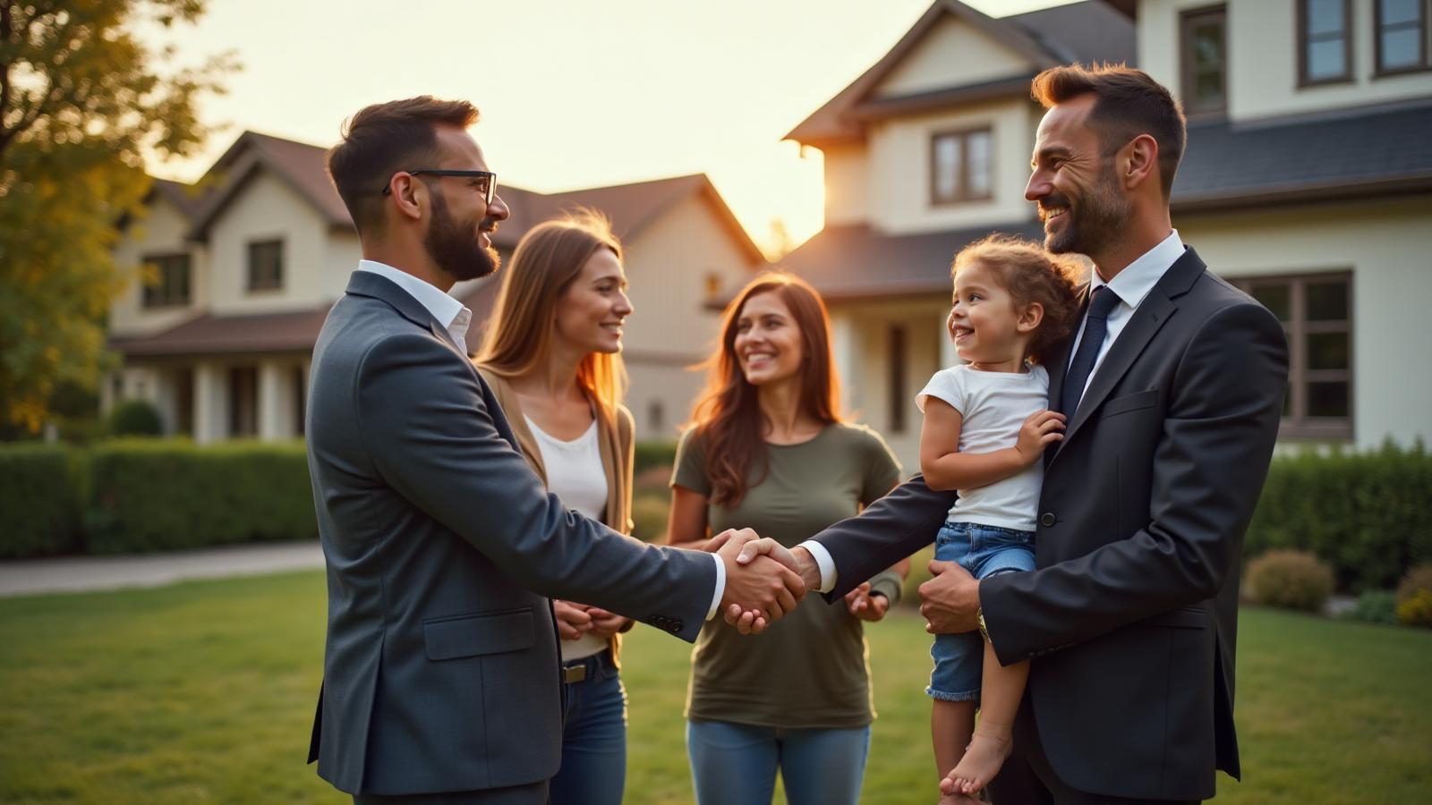 Professional investor shaking hands with happy family in front of their new home